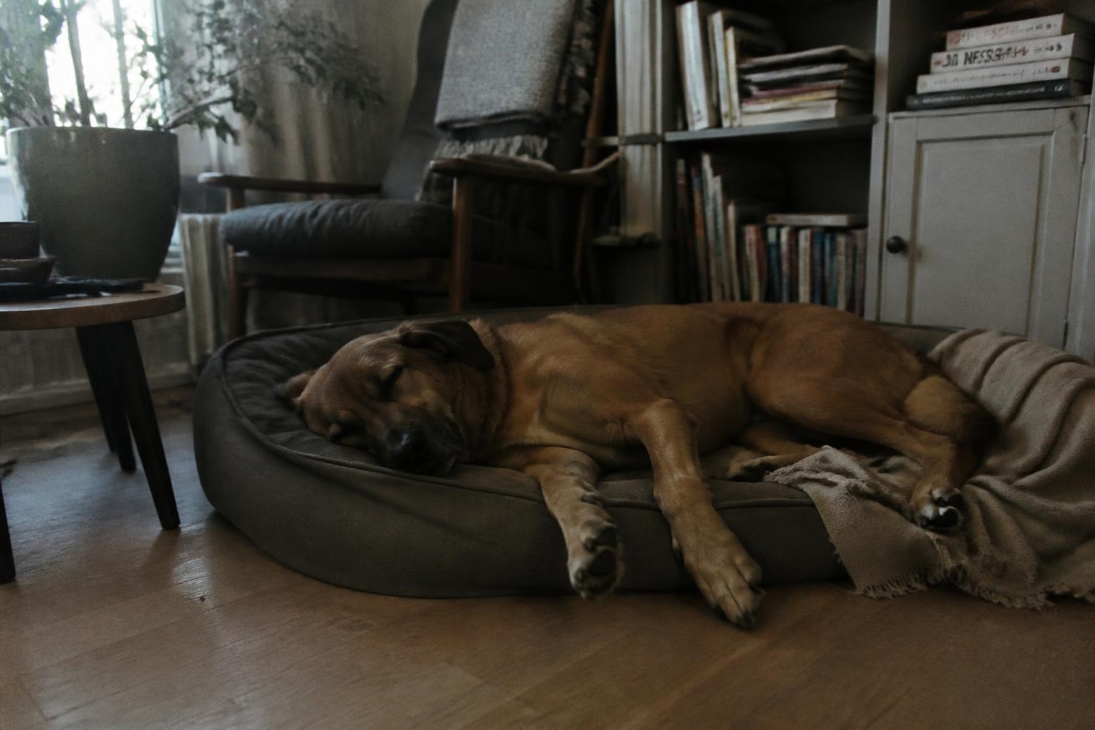 Stor hund sover utsträckt i en hundbädd hemma