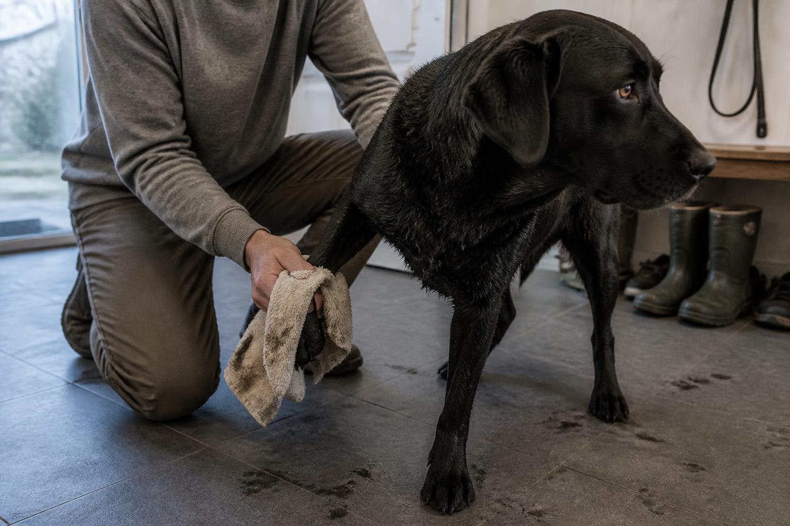 Ägare torkar en blöt labradors tass i hallen efter promenaden