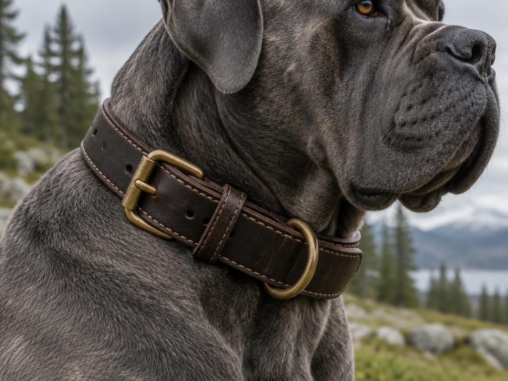Cane Corso med premium läderhalsband i ett ljust skandinaviskt hem