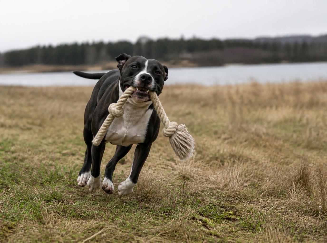 Amstaff springer över en äng med repleksak i munnen