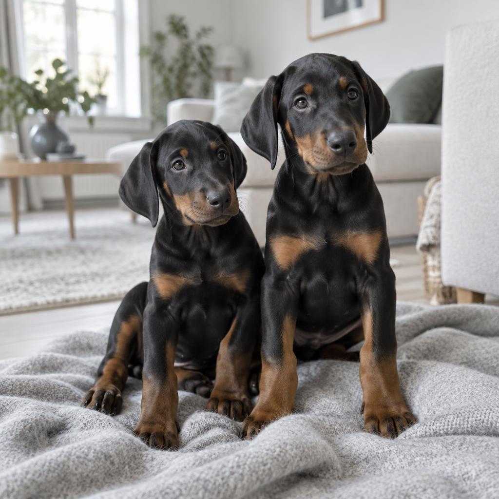 Rottweilervalp sitter tillsammans med en vuxen rottweiler på trägolvet hemma